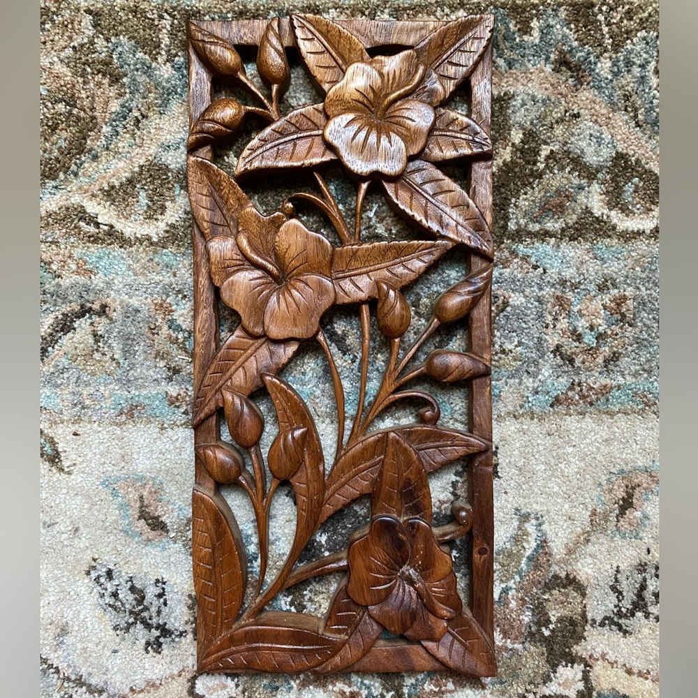 Novica Wood Floral Panel ‘Sweet Balinese Hibiscus’ Wall Decor